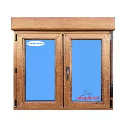 Ventana PVC 1000x1155 Roble Dorado 2 Hojas Oscilobatiente con Persiana Vidrio Transparente