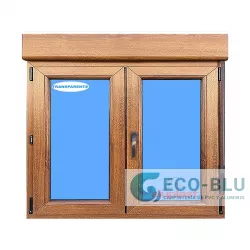 Ventana PVC 1200x1155 Roble Dorado 2 Hojas Oscilobatiente con Persiana Vidrio Transparente